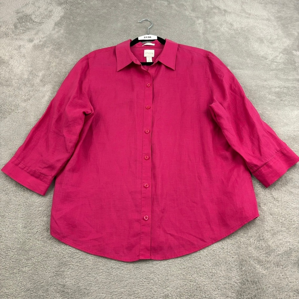 Chicos Linen Top Womens 2 Large Hot Pink Button‎ Up 3/4 Sleeve Barbiecore Beachy